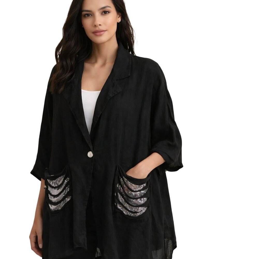 Bella Amore Italy Lagonlook Black Linen Silver Sequin Pockets Jacket One Size